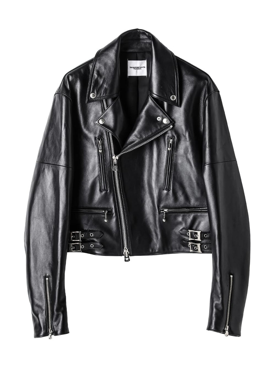 sj.0019bAW23-black two-way cropped riders jacket. THE TWO OF US 