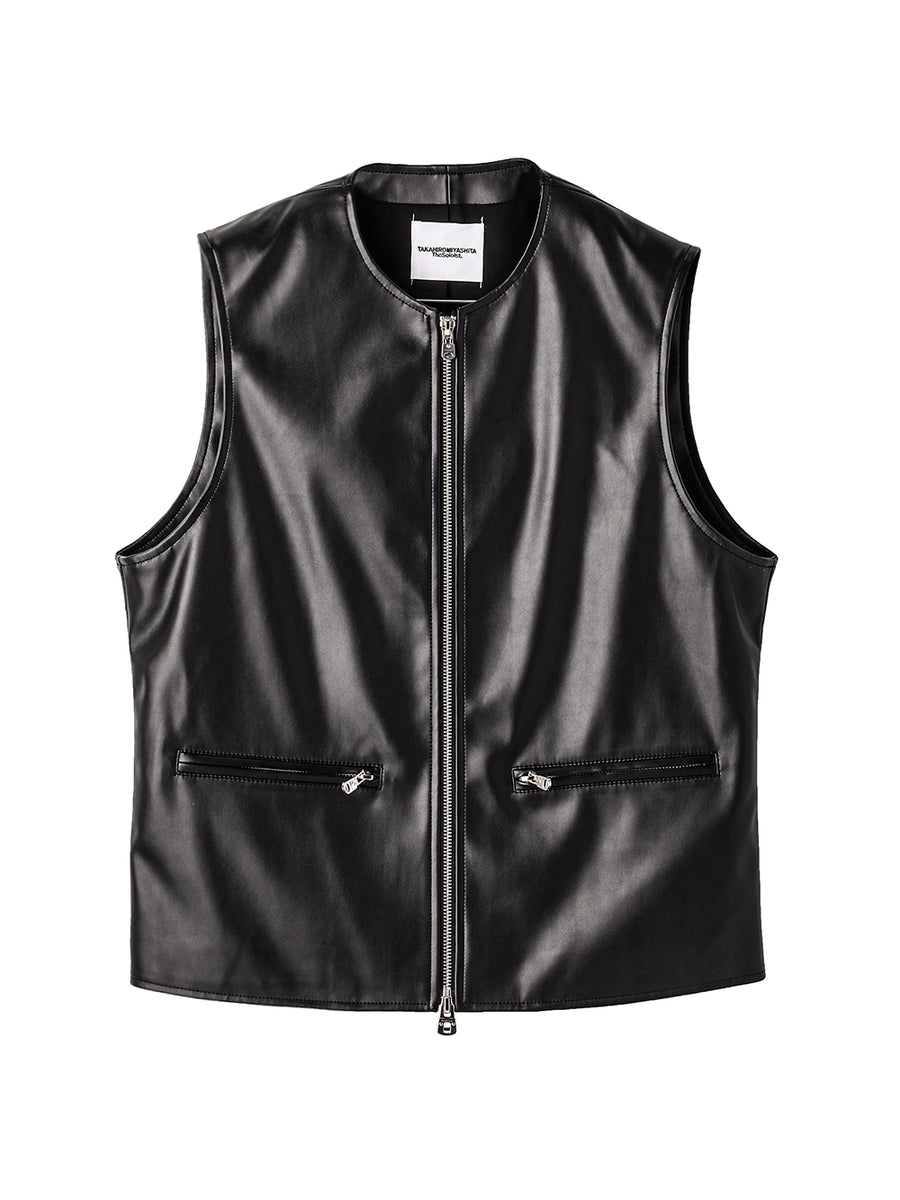 sj.0038AW25-black フォーレザージップアップクルーネックベスト The