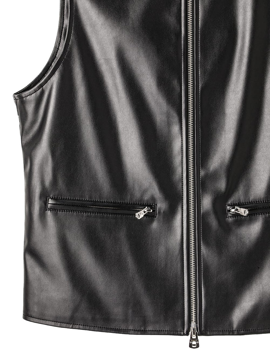 sj.0038AW25-black フォーレザージップアップクルーネックベスト The