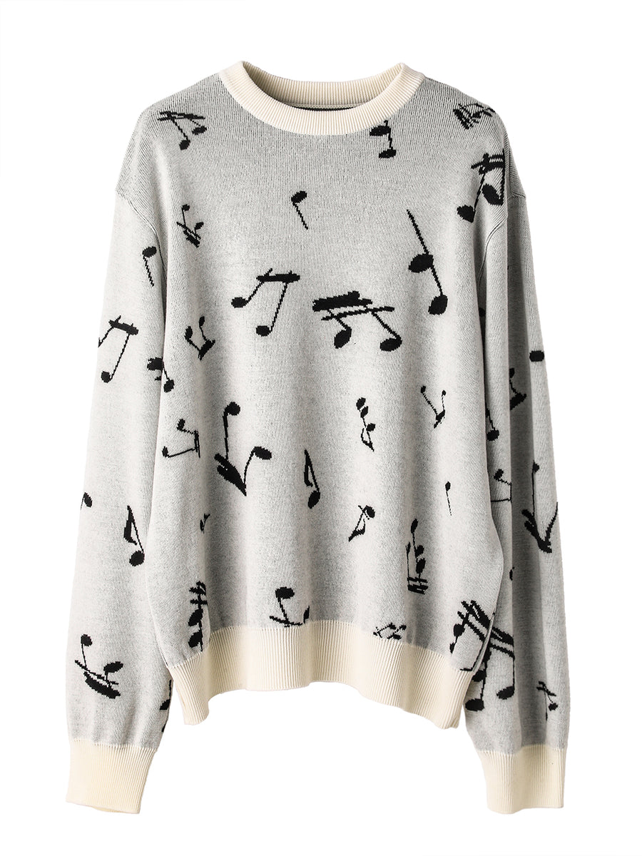 sk.0015AW25-white x black ミュージックノートパターンクルーネック