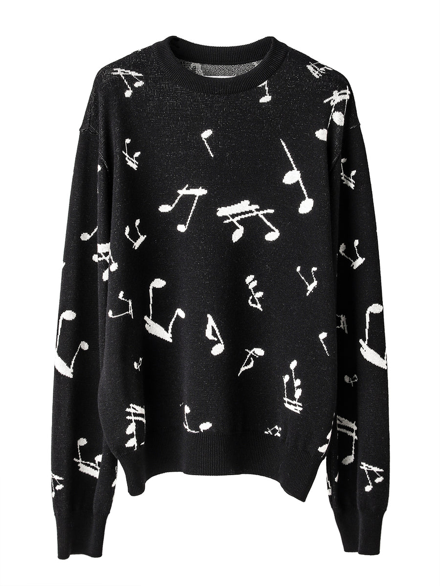 sk.0015AW25-black x white ミュージックノートパターンクルー