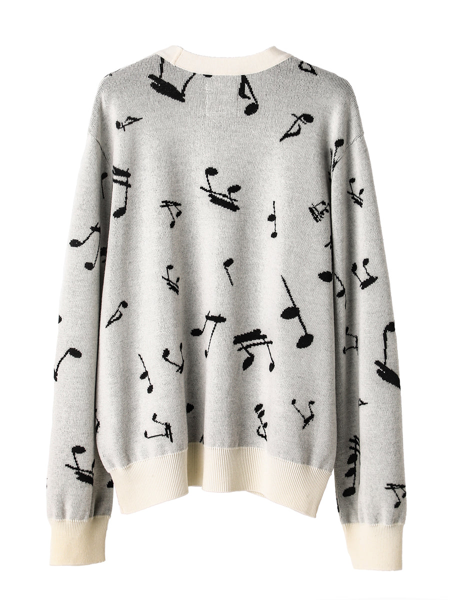 sk.0016AW25-white x black ミュージックノートパターンカーディガン