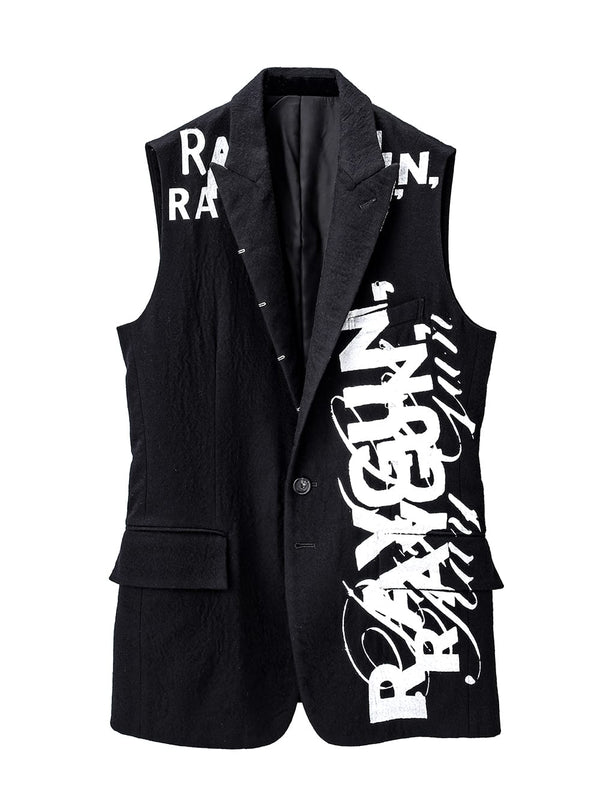 right - left sleeveless peaked lapel jacket.