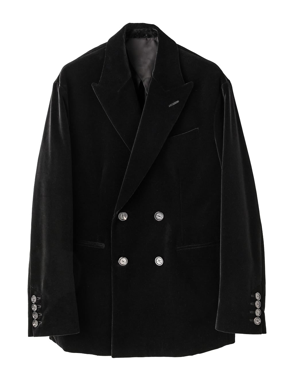peaked lapel double breasted sack jacket.