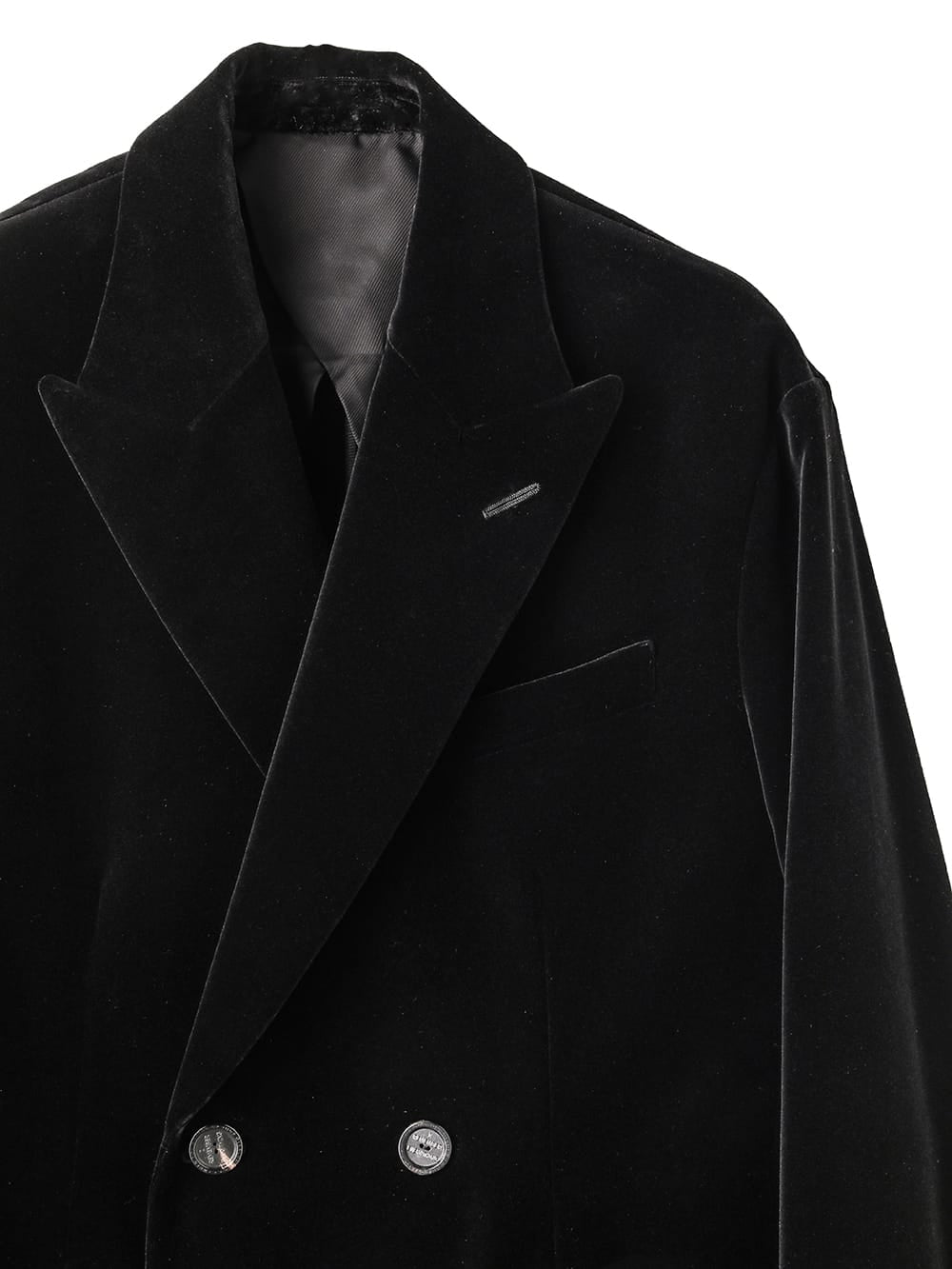 peaked lapel double breasted sack jacket.