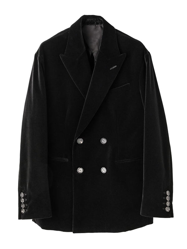 peaked lapel double breasted sack jacket.