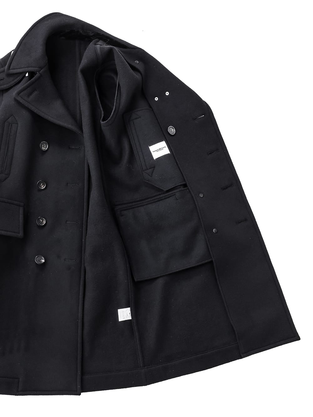 right-left pencil silhouette double breasted pea coat