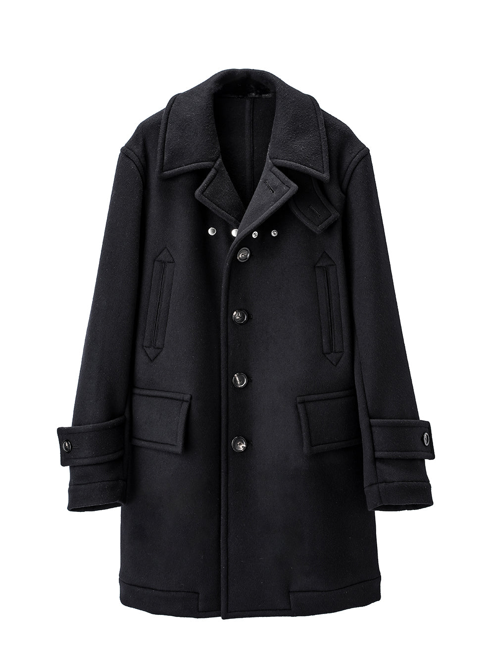 right - left pencil silhouette single breasted peacoat.