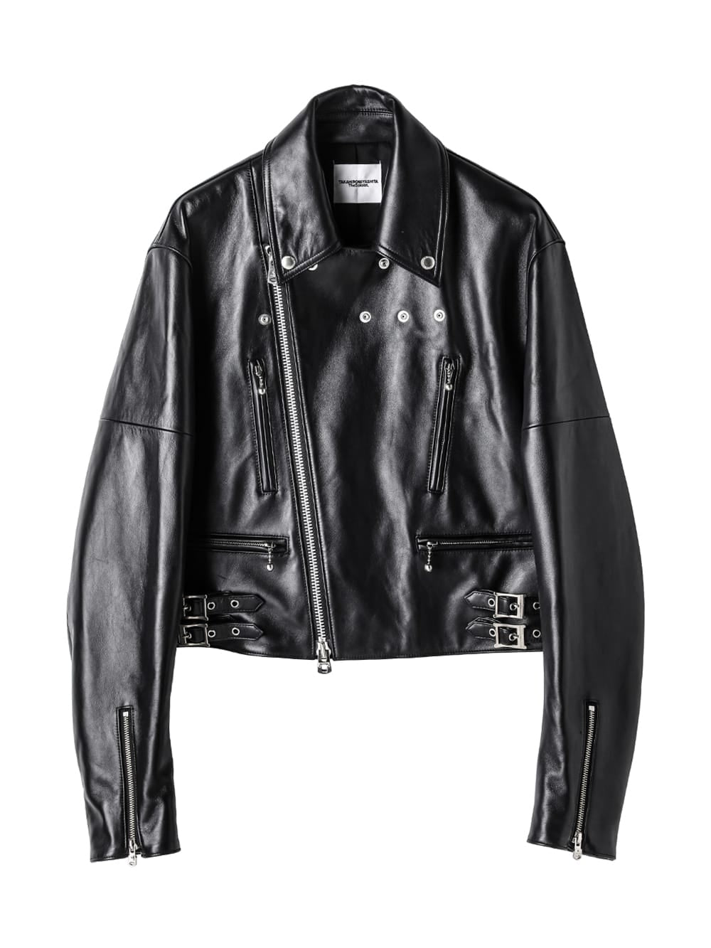 sj.0019bAW23-black two-way cropped riders jacket. THE TWO OF US