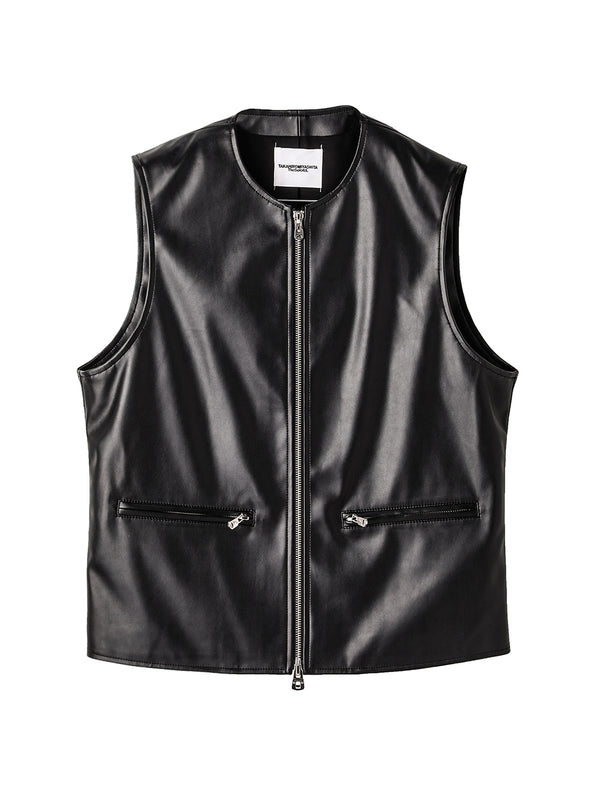 faux leather zip up crew neck  vest.