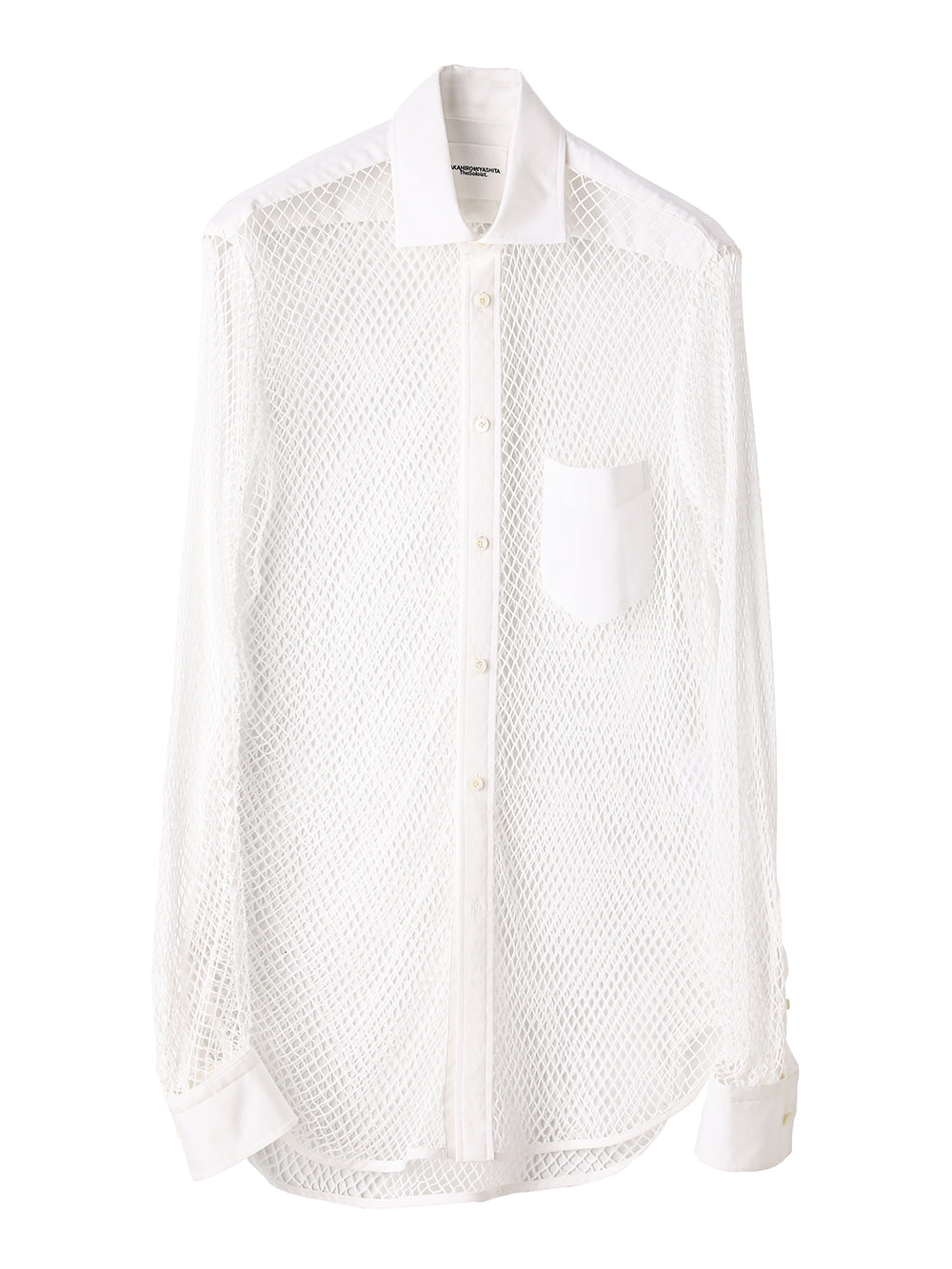 wide spread collar combination mesh shirt.