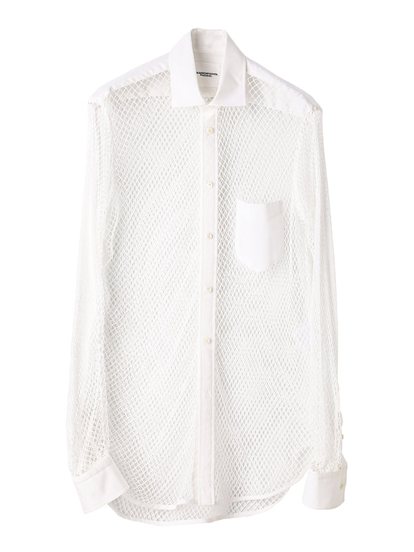 wide spread collar combination mesh shirt.