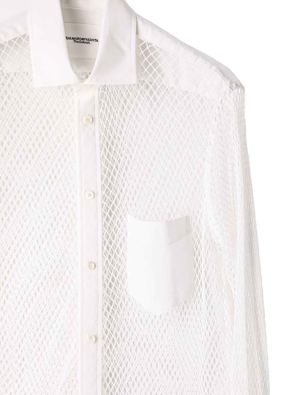 wide spread collar combination mesh shirt.