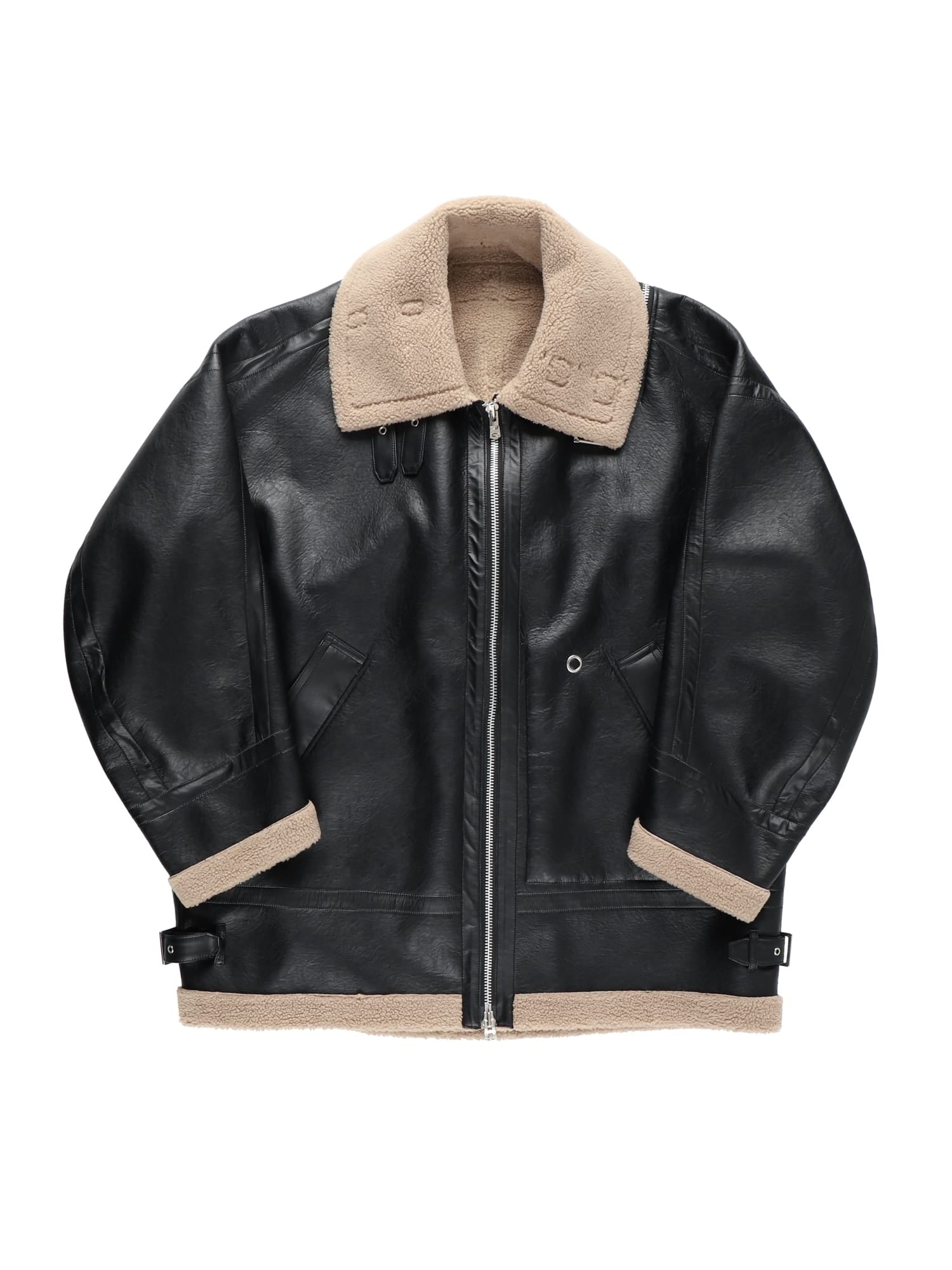 double zip balloon shaped faux mouton flight jacket.