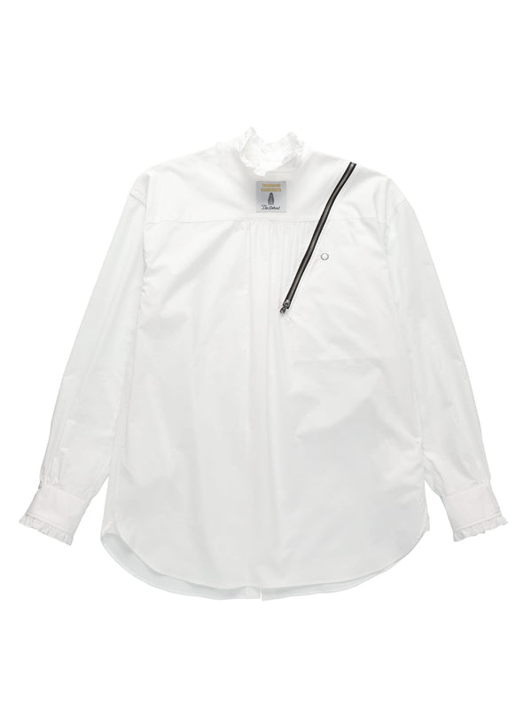 reverse double zip ruffle shirt.